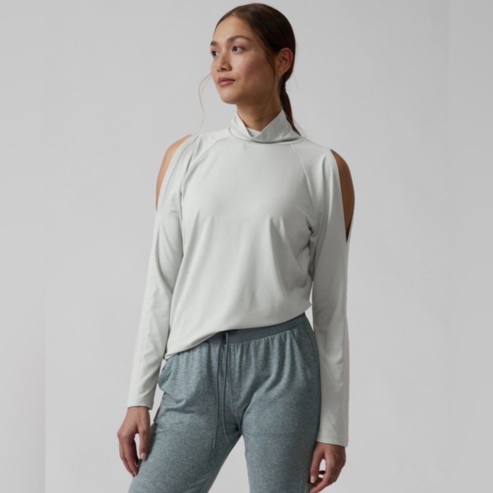 Athleta long sleeve soft cold shoulder solid turtleneck top on grey. Size M